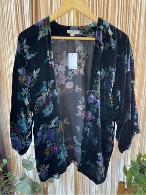 LOFT black velvet floral kimono open cardigan vibrant multicolor jewel tone